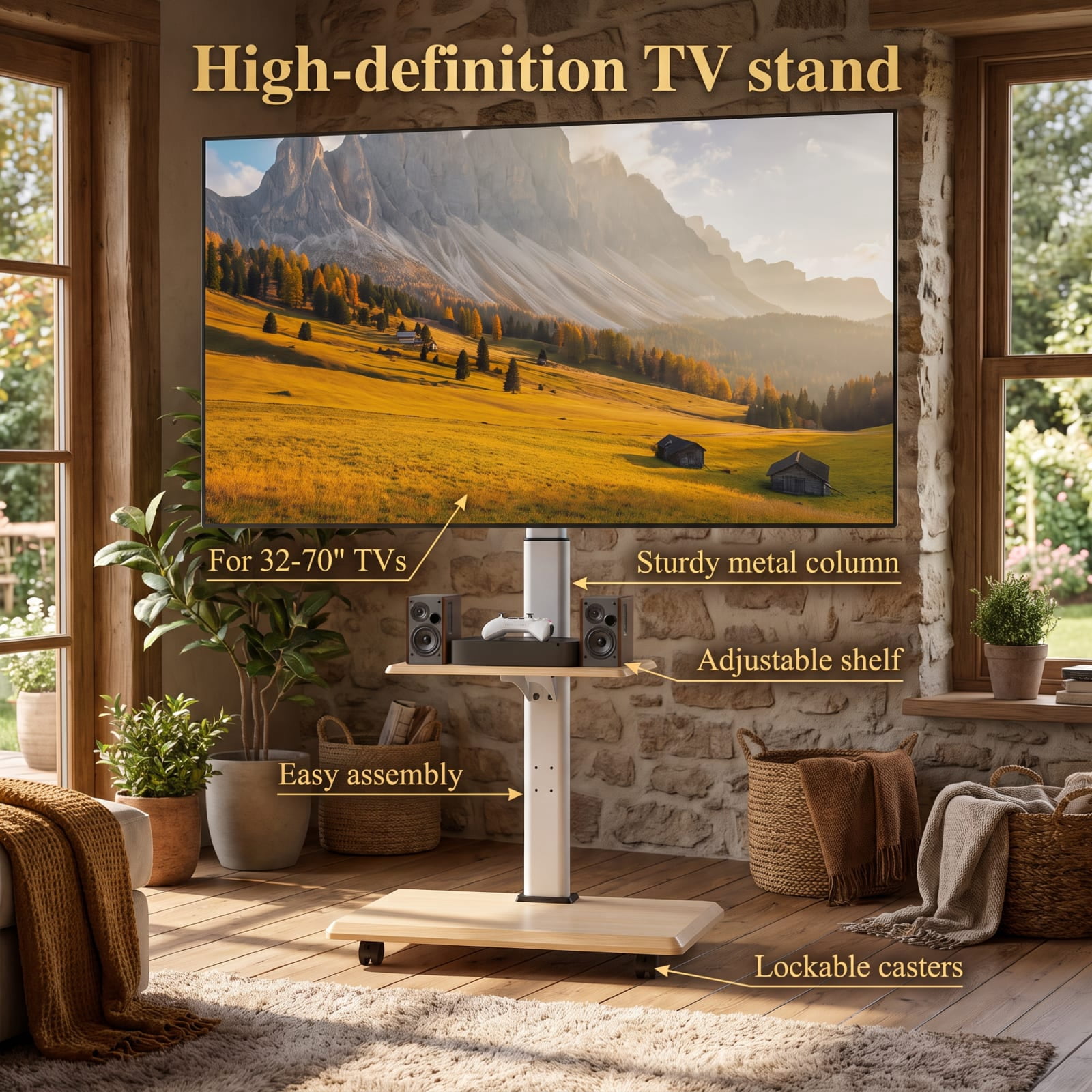 Furnibear Rolling TV Stand Entertainment Center on Wheels Mobile TV Cart for 32 to 75 Inch TVs with Adjustable Storage Shelves, Natural