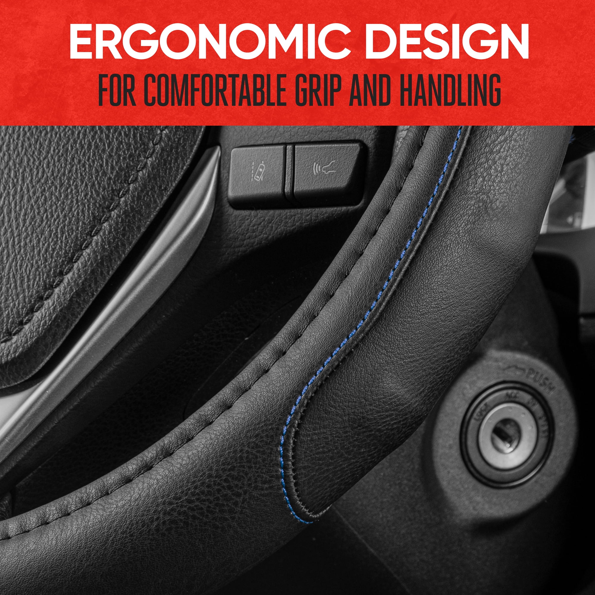 Motor Trend Ergonomic Grip Steering Wheel Cover/Protector for Small Size Steering Wheels in Cars, SUVs, Boats (13.5-14.5") (Grip Drive Pro Comfort Grip (Black/Blue Stitching))