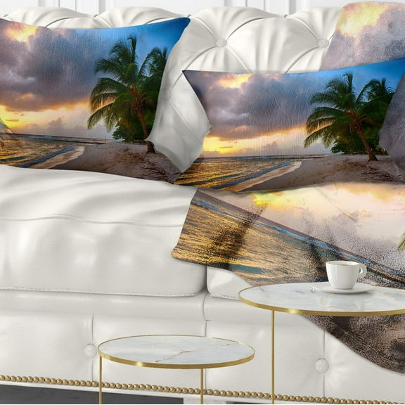 Designart Beautiful Beach with Palms in Barbados - Modern Seascape Throw Pillow - 12x20