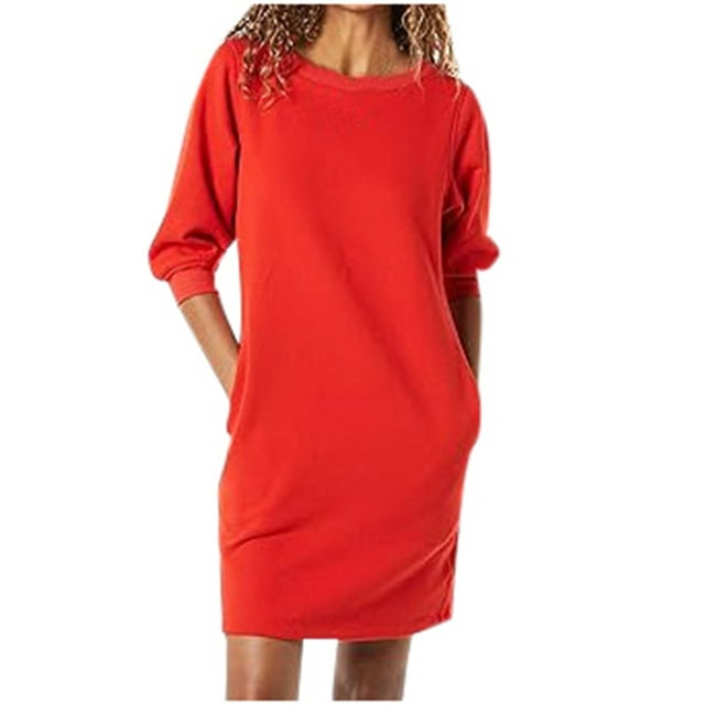 Vestido de mujer con mangas 3/4, cuello redondo y bolsillos - Corte en A, tejido transpirable, estilo informal para todas las estaciones - Se ajusta a la talla