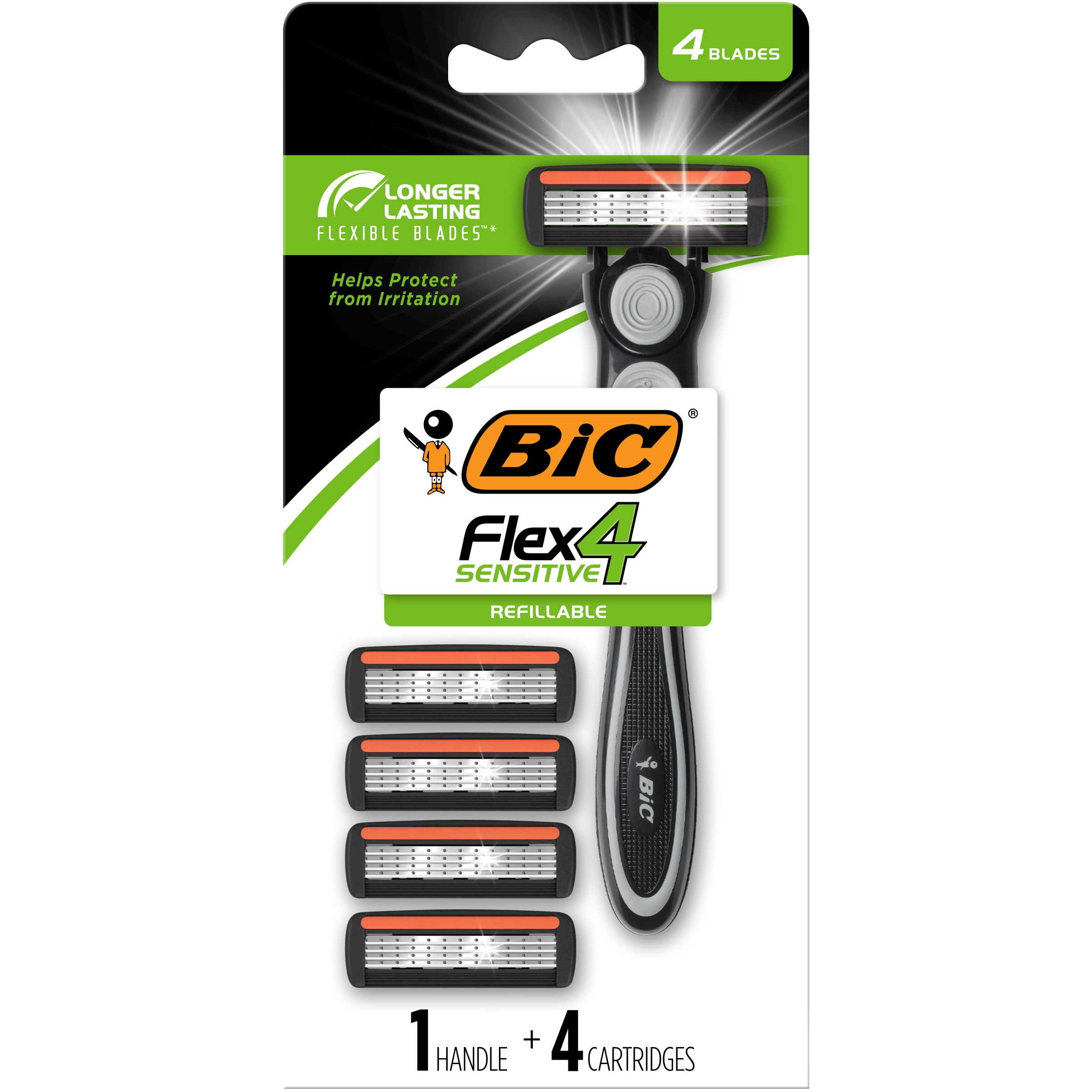 BIC Flex 4 Refillable Razors for Men, 4 Blade, 1 Handle + 4 Cartridges, 5 Piece Set