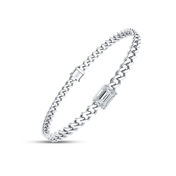 1 Carat 7X5MM Emerald Cut Lab Created Moissanite Diamond Solitaire Cuban Link Chain Bracelet For Women In 14K White Gold Over Sterling Silver Size : 6 Inch(G-H Color,VVS1 Clarity)