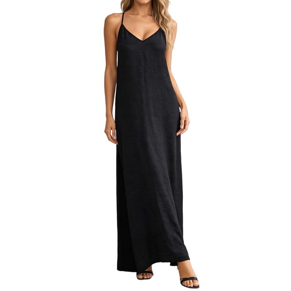 DHFJKG Summer Dress Women Open Back V Neck Spaghetti Strap Beach Vacation Boho Long Dresses Solid Color Loose Fit Trendy Dresses