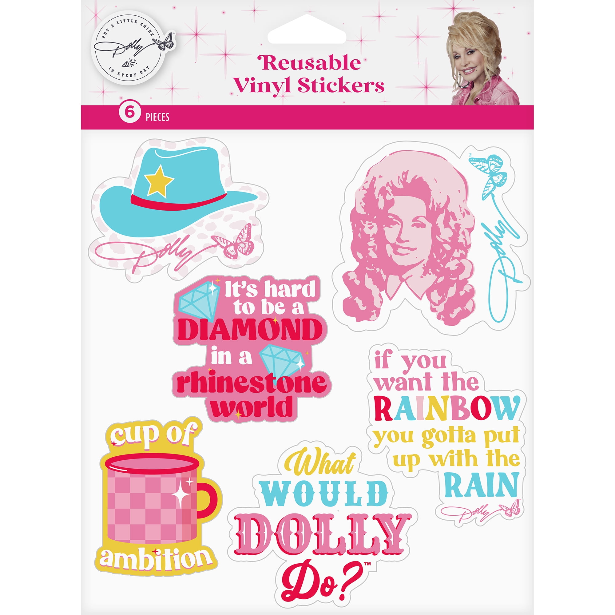 Dolly Parton Reusable Multi-Color Vinyl Stickers 1 Sheet of 6