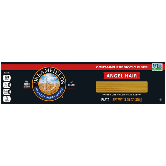 Dreamfields Angel Hair Pasta, Vegan with 5g Fiber, 13.25 oz, (Shelf Stable)