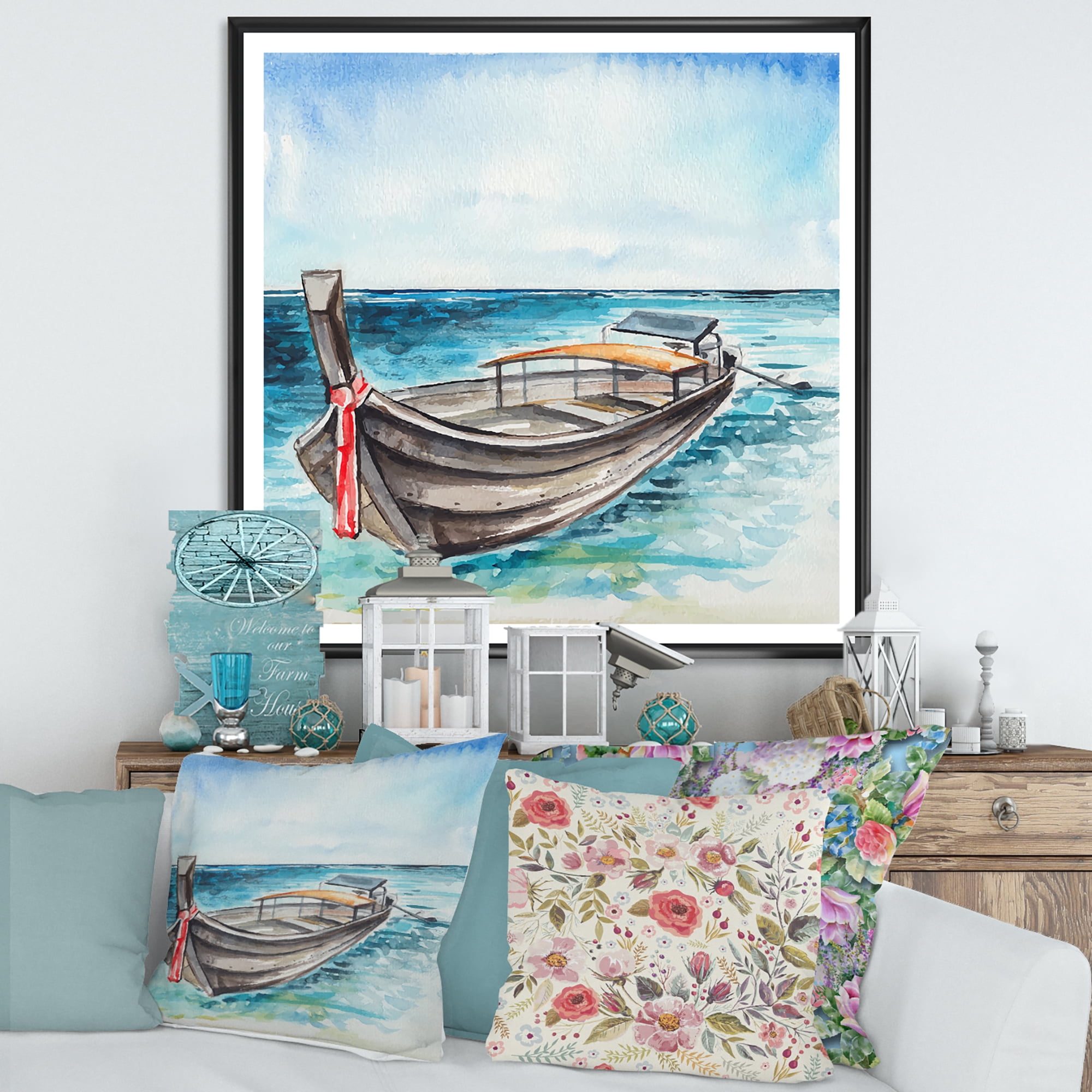 Little Boat At The Lake Shore 16 in x 16 in Framed Painting Canvas Art Print, by Designart