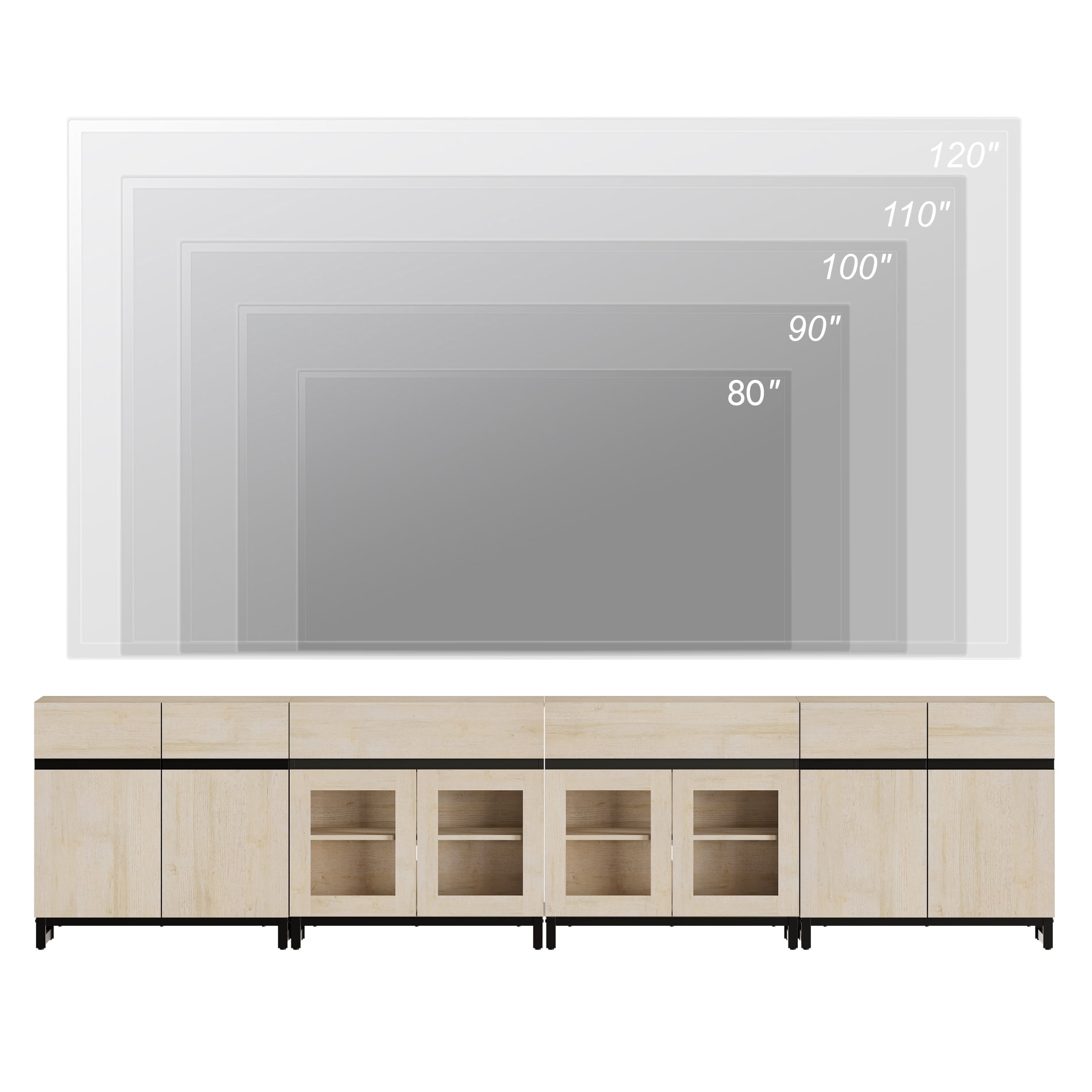 Modern TV Stand For Tvs Up To 120 Inches, 4 In 1 TV Console With Glass Doors And 2 Drawers, Media Console With Adjustable Shelf For Living Room,Beige