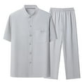 thumbnail image 3 of HVOBTTY Mens Comfy Pajama Set, Summer Pajama Set for Men, Men's Fashion Casual Soft Solid Color Stand Collar Short Sleeve Top and Long Pants Sport Sleepwear or Outdoor Set Gray, M, 3 of 5