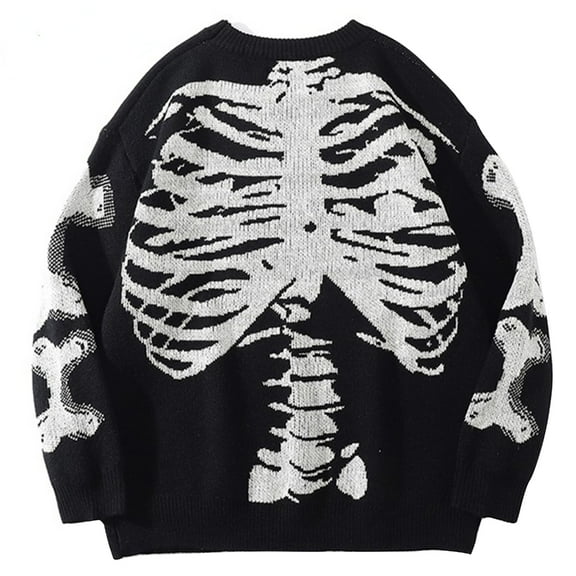 Yokua Autumn Crew Neck Sweater for Unisex Oversized Skeleton Bone Print Knit Sweater