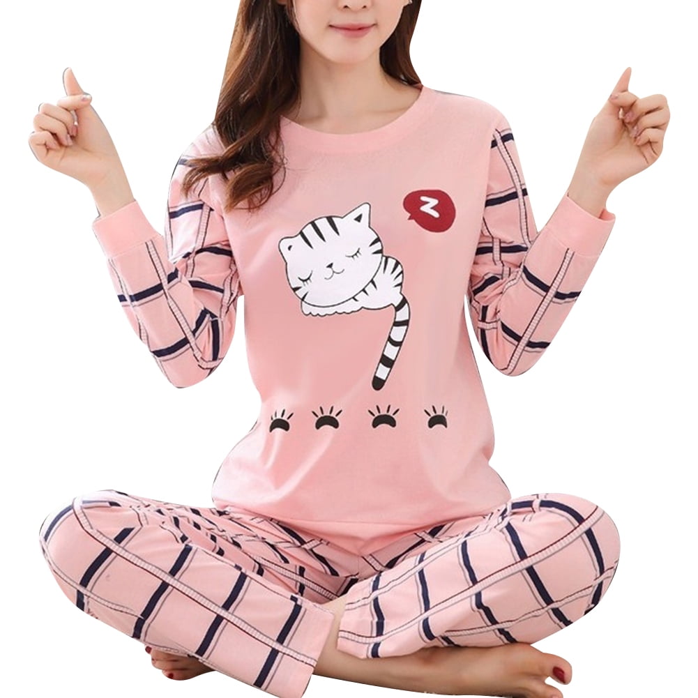 Women Cute Cartoon Cat Print Pajamas Sets Long Sleeve Pants Soft Loose Sleepwear