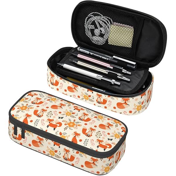 wonima02 Flowers And Foxes Large Pencil Case, Pencil Pouch With Zipper Compartments Stationery Pencil Bag For Kids Teens Students School Supplies