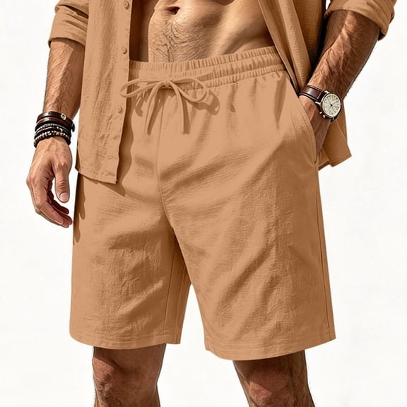 Hsovts Men's Cotton Linen Shorts Casual 7inch Drawstring Summer Beach Vacation Yoga Golf Shorts with Pockets Earthy Yellow 3XL
