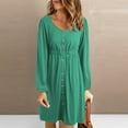 thumbnail image 3 of Womens Casual Long Sleeve Fall Dress Scoop Neck Button Solid Color Knee Length Dress High Waist Loose Comfy Dress, 3 of 6