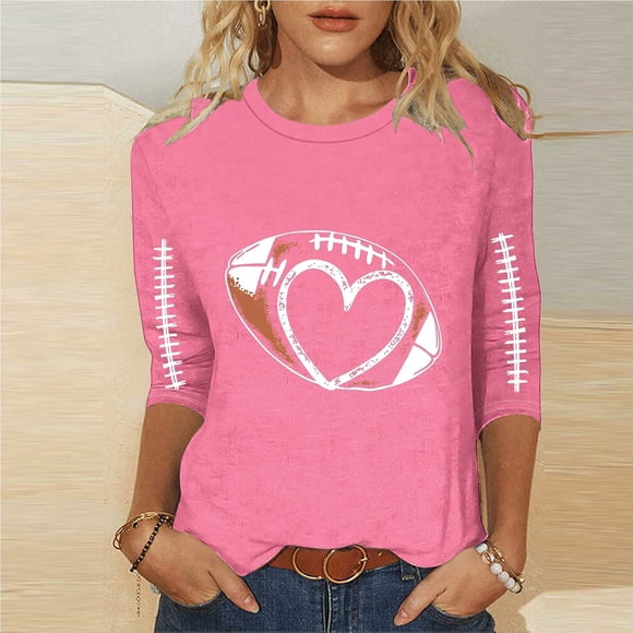 Heisall Womens Tops 3/4 Sleeve Round Neck Loose Casual Fashion T-Shirts Rugby Print