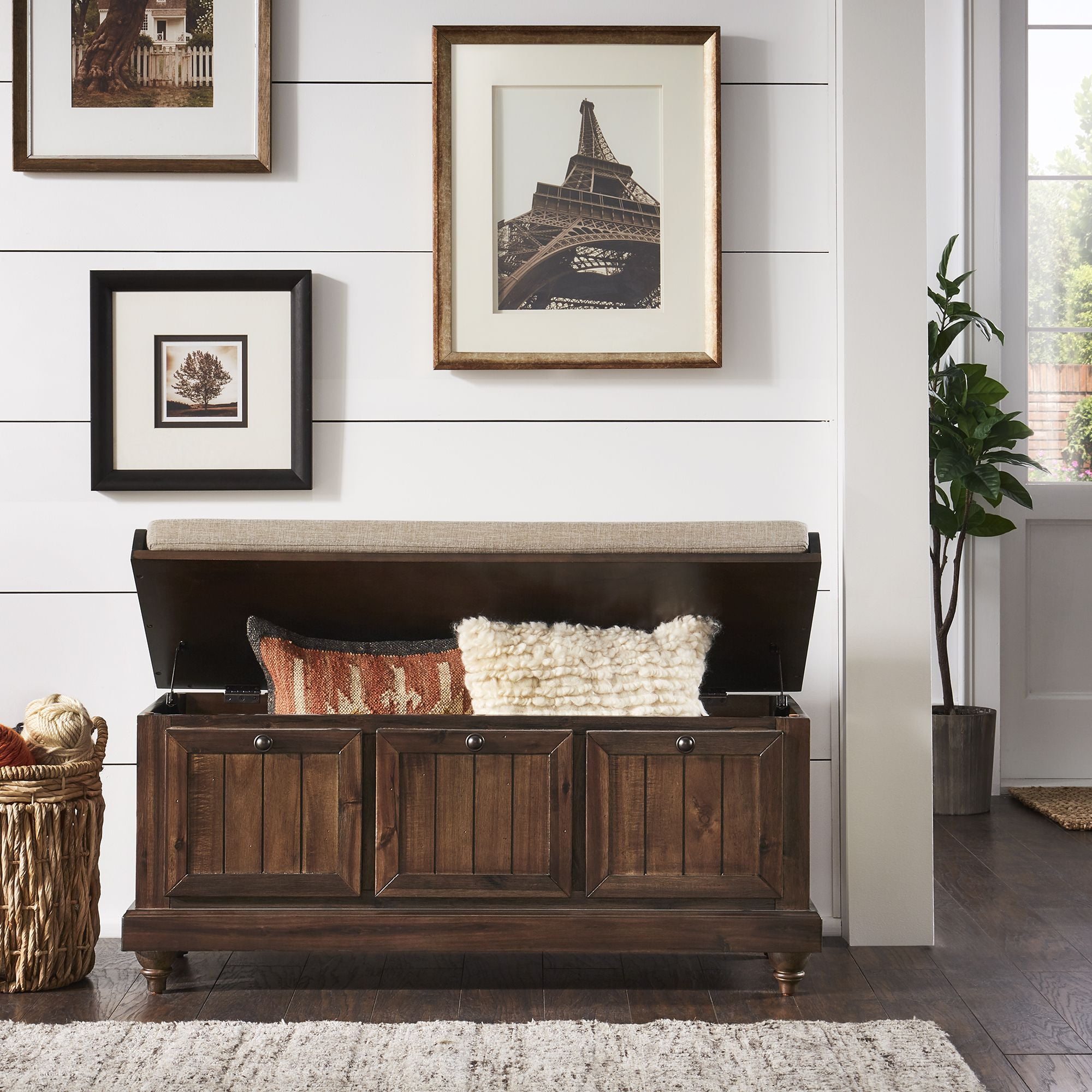 Weston Home Marin Storage Bench with Linen Seat Cushion, Antique Brown Finish