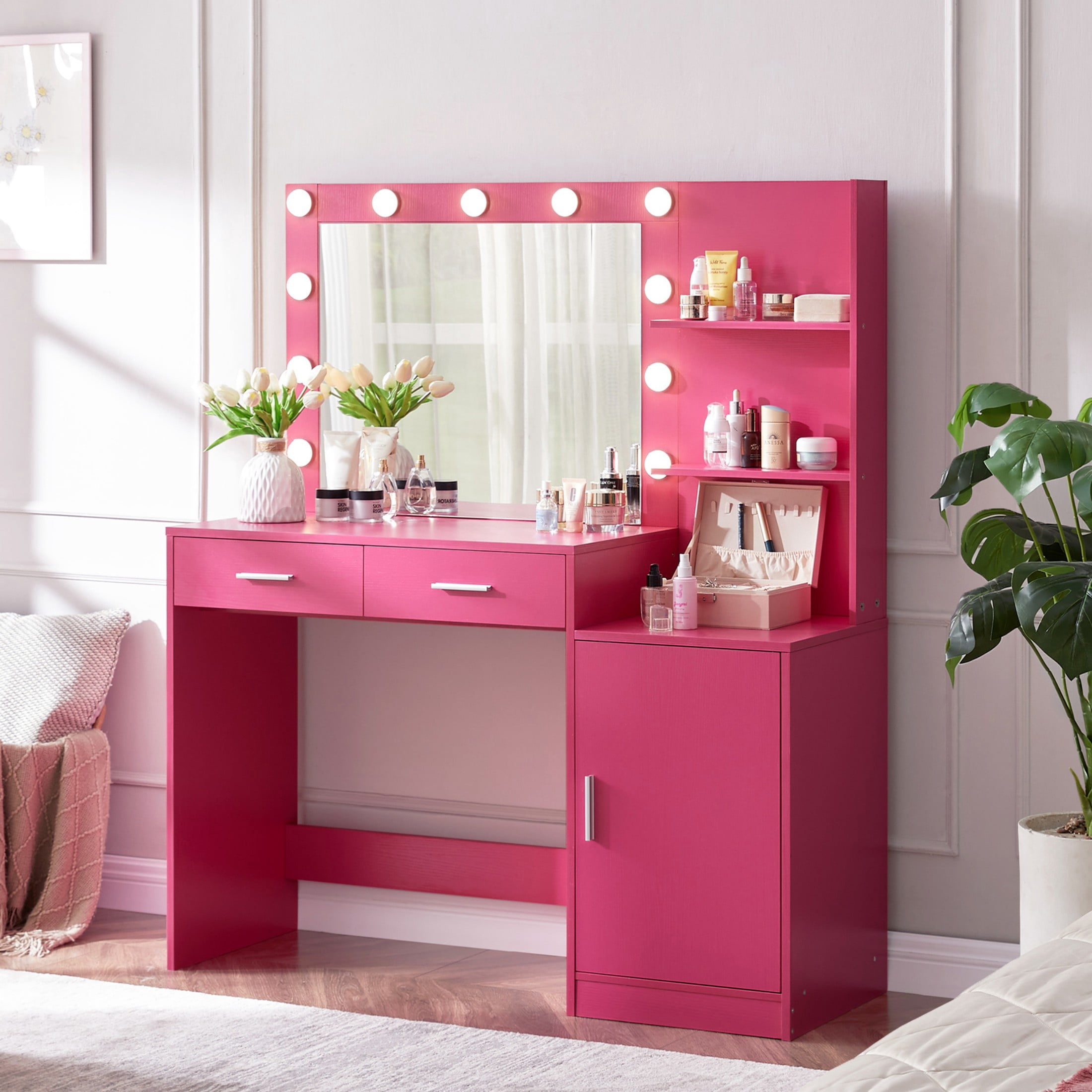 PORKISS 46.4” Makeup Vanity, Wood Vanity Desk with Mirror and Lights, Vanity Table for Women Girls, Modern Dressing Table with 2 Drawers and Beside Cabinet, 3 Lighting Modes Adjustable, Rose Pink