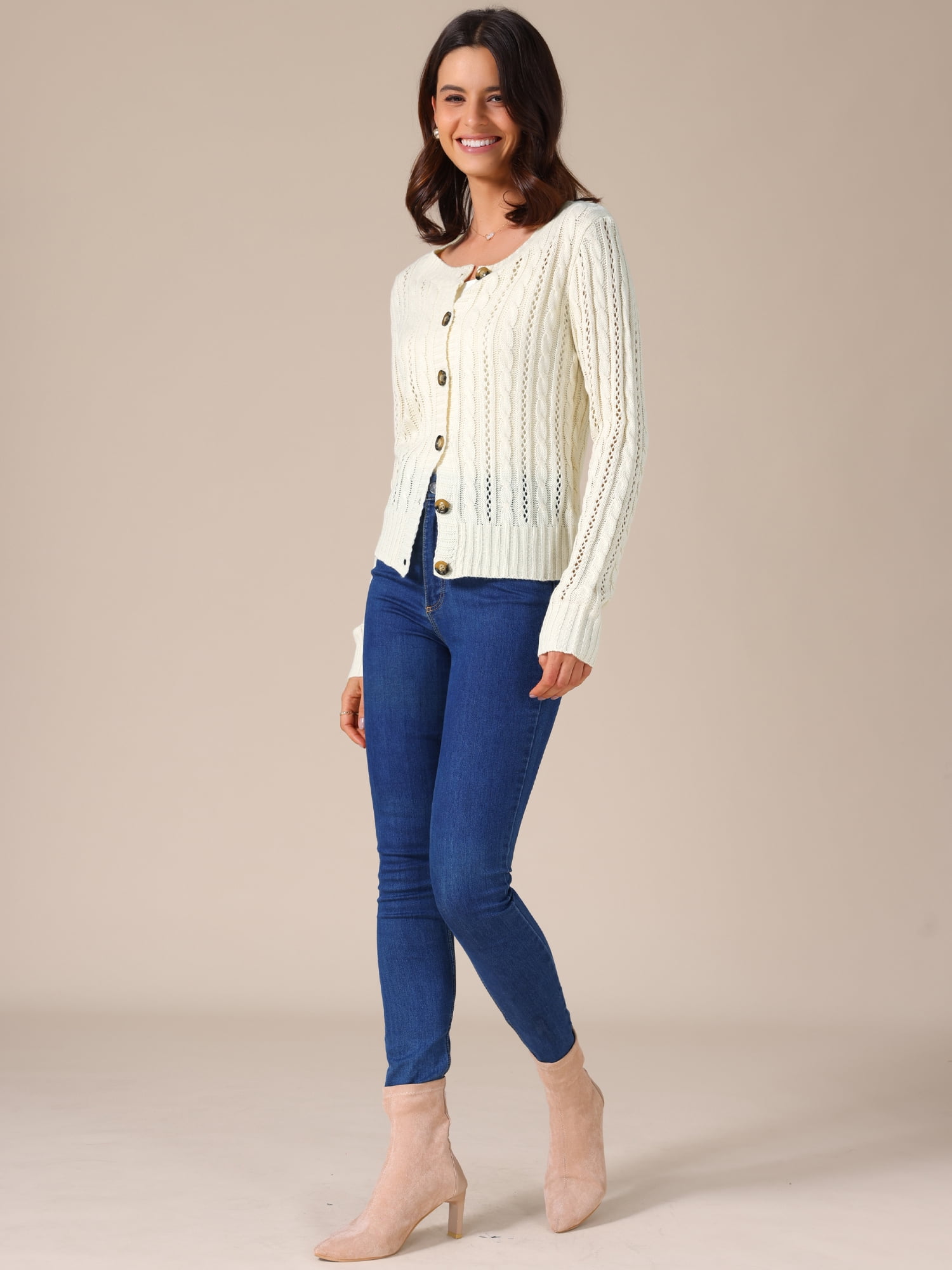 DARING DIVA Women's Open Front Button Down Cable Knit Cardigan Sweater M Apricot
