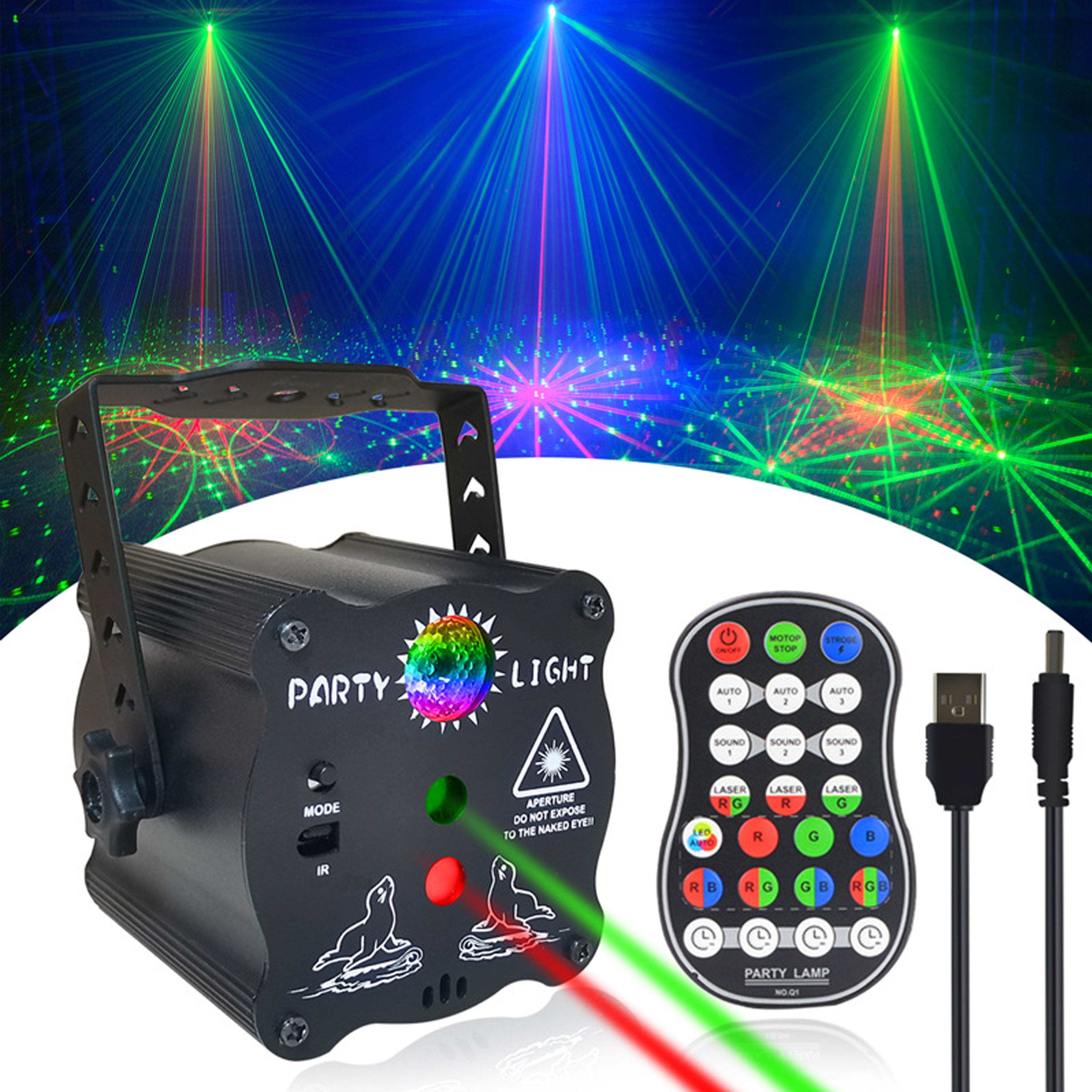 Party Lights DJ Disco Lights USB & Battery Powered Flash Strobe Stage Lights for Parties Christmas Home Decorations Birthday Karaoke KTV Bar RGB Led Sound Activated Laser Light with Remote Control 