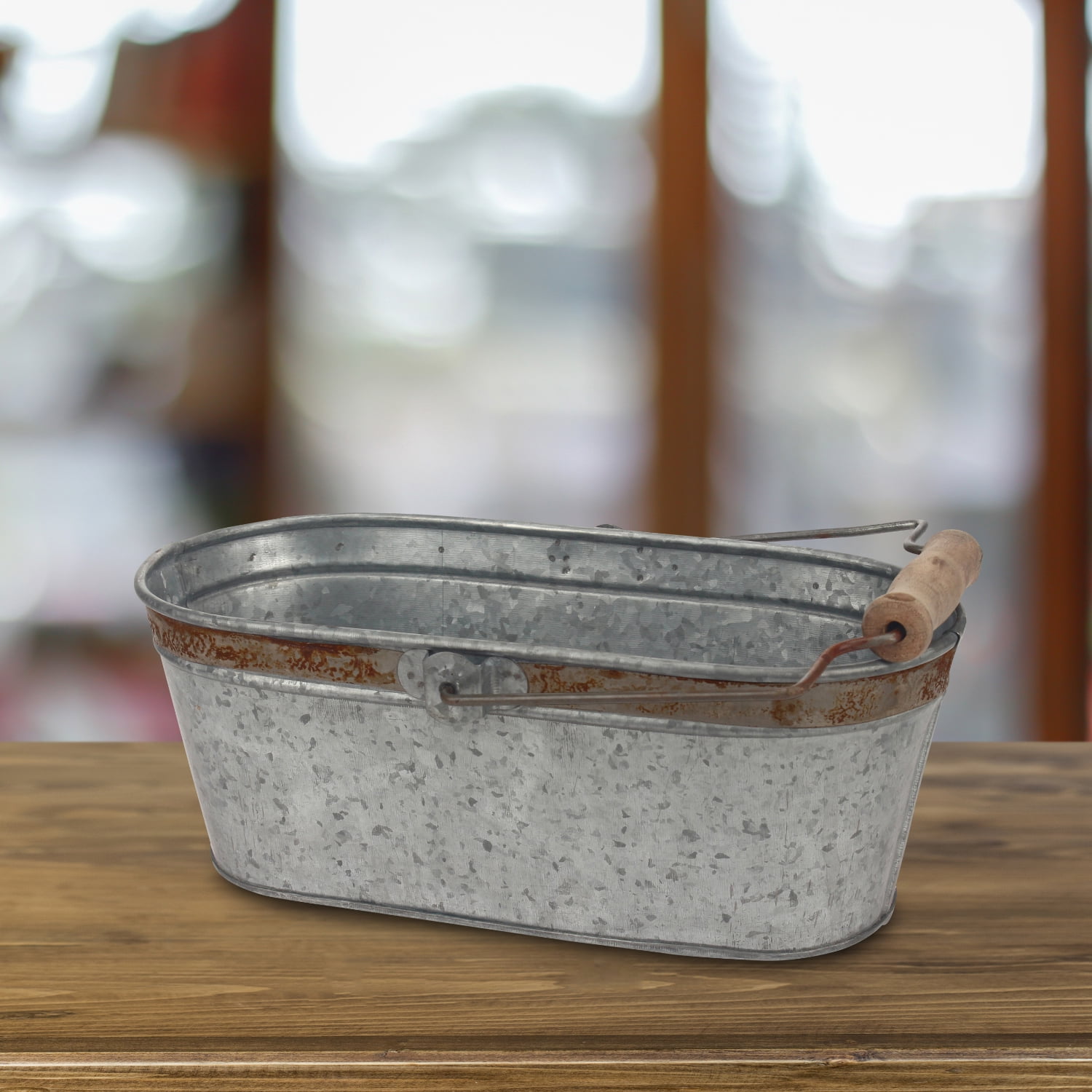 Stonebriar 12" x 7.2" Solid Galvanized Metal Decorative Oval Bucket with Handle, Gray
