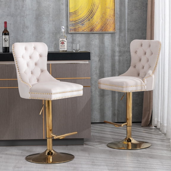 MIKIBAMA Set of 2 Beige Tufted Velvet Swivel Bar Stools, Adjustable 27-35 Inch Height Gold Leg Barstools with Back for Kitchen Island