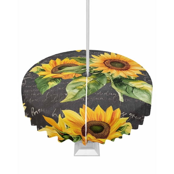 Outdoor Tablecloth with Umbrella Hole for Patio/Picnic/Party/Camping, Sunflower Black Retro Waterproof Table Cloth Round Cover Washable, Spring Summer Flowers Botanical Dia 60"