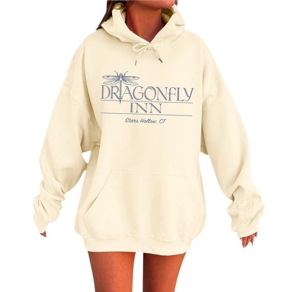 Dragonfly Inn Hoodie Women Television Show Fan Graphic Sweatshirt Long Sleeve Pullover Active Top Beige