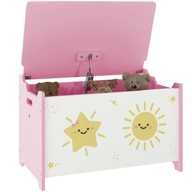 Qaba Coffre de Rangement pour Enfants avec Couvercle, Charnières de Sécurité et Poignées à Rainure, Rose