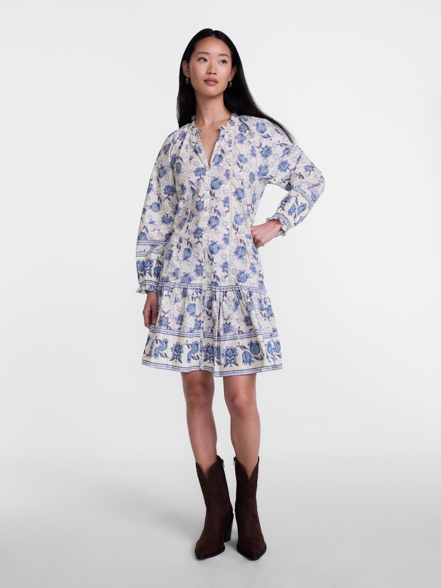 Scenario Women's and Women's Plus Tiered Hem Dress with Long Sleeves, Sizes XS-4X