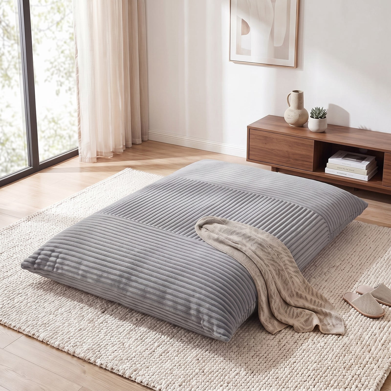 Furnibear 3-in-1 Large Bean Bag Chair, Convertible Corduroy Lounger Bed Sofa with Plush Sponge Fill and Washable Zippered Cover for Bedroom Dorm Living Room, Light Gray