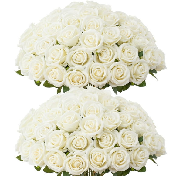 50 unidades de rosas artificiales Jefuzh, flores sintéticas de seda blanca