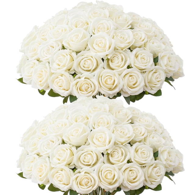 50 unidades de rosas artificiales Jefuzh, flores sintéticas de seda blanca