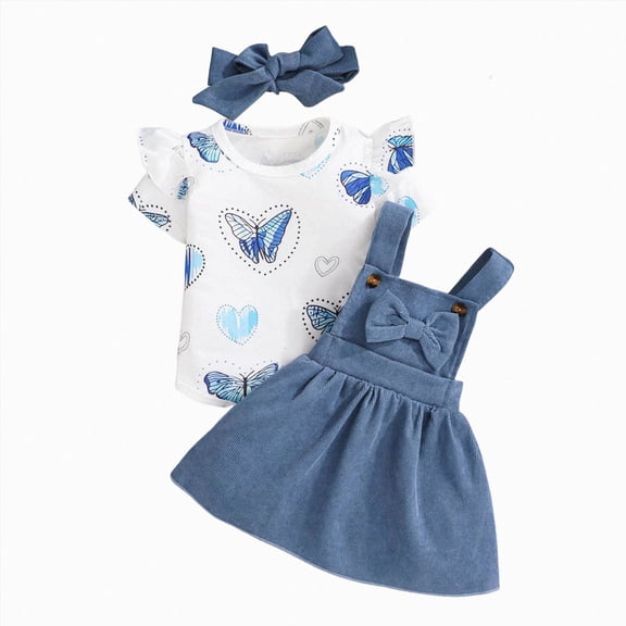 KPOPLK Newborn Baby Girl Clothes Infant Butterfly Print One-Piece Romper Suspender Skirt Headband 3pcs Clothing Sets(12-18 Months,Blue)
