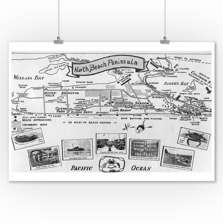 North Beach, Oregon - Map of Entire North Beach Peninsula (9x12 Art Print, Wall Decor Travel