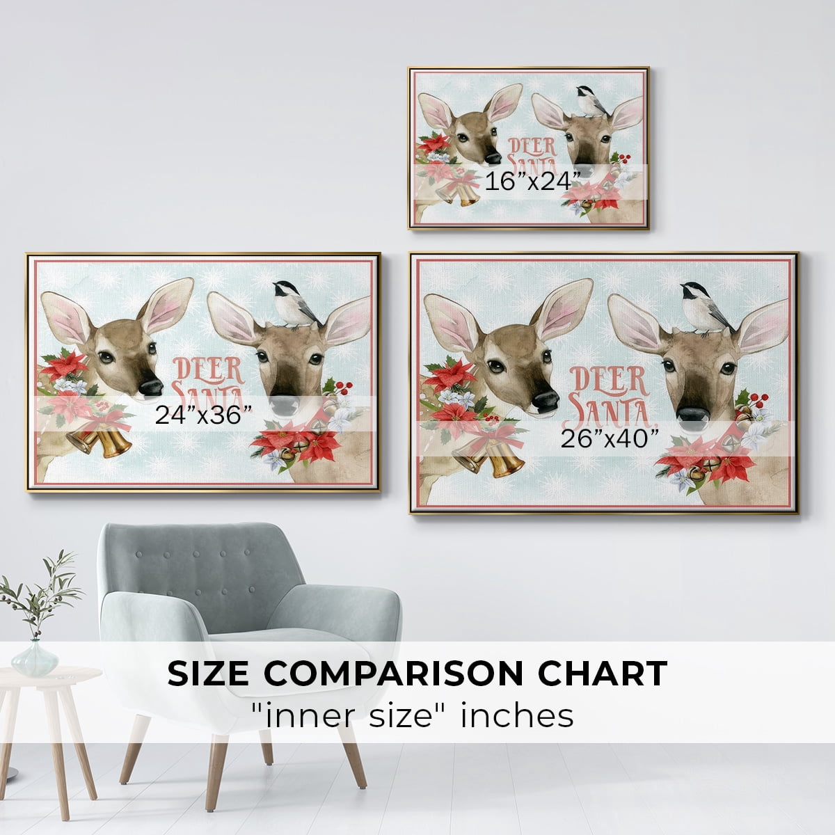 Deer Christmas Collection A - Framed Gallery Wrapped Holiday Canvas - 27 x 41 - Gold Frame