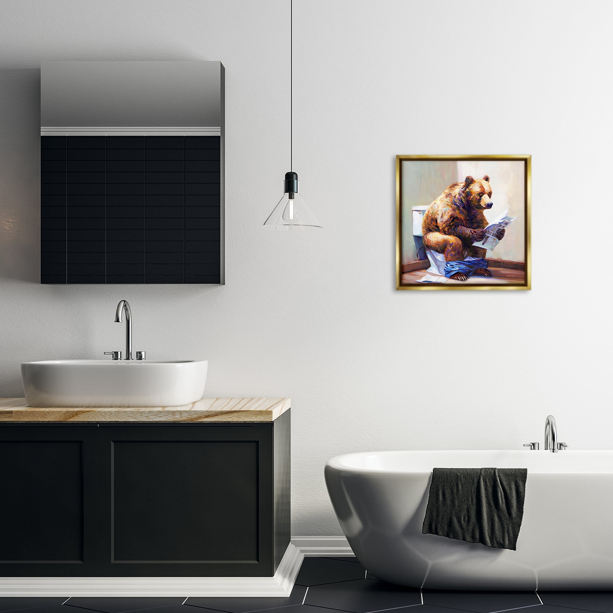 Stupell Industries Bathtub Bear with Graffiti Typography Painting Gold Floater Framed Canvas Art Print Wall Art, 18 x 18