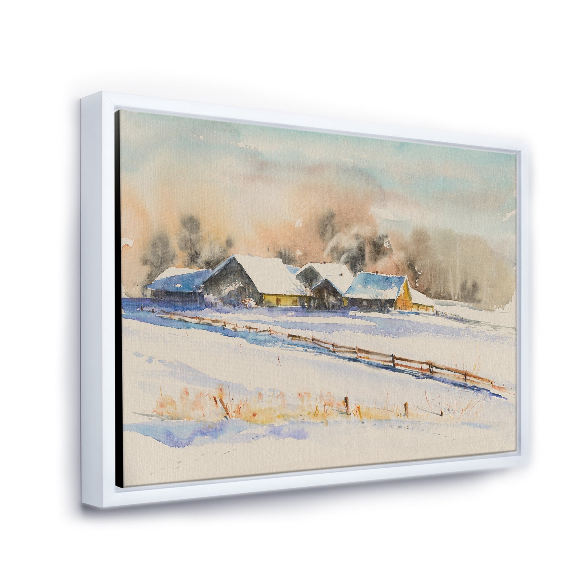 Designart 'Small VIllage At Evening Covered With Snow' Traditional Framed Canvas Wall Art Print