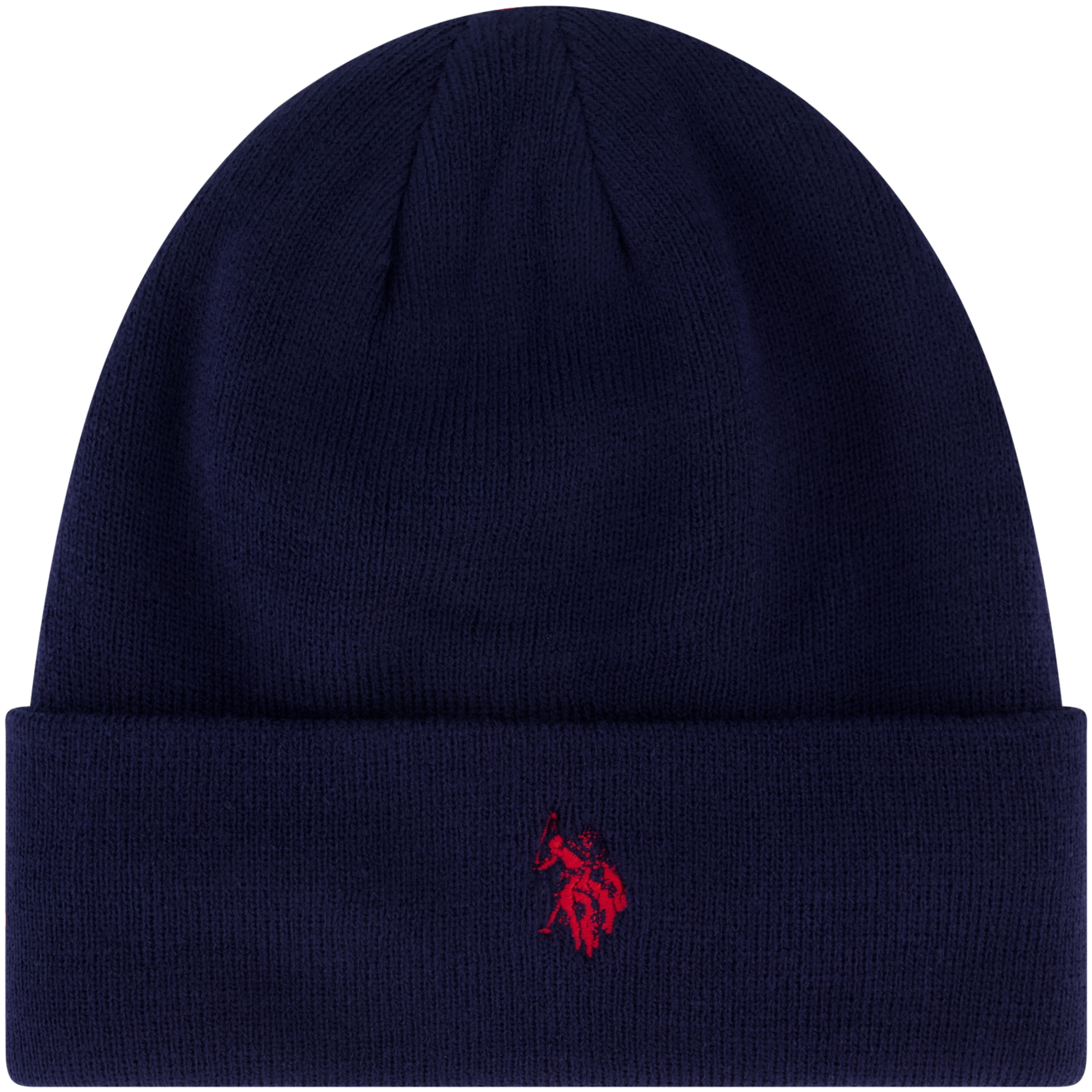 U.S. Polo Assn. Men's Fleece-Lined Acrylic Beanie with Sherpa Lining, Navy Cap, Red DHM Logo, OSFM