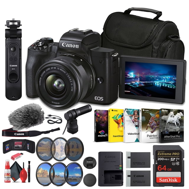 Canon EOS M50 Mark II Mirrorless Camera with 15-45mm Lens Content Creator Kit (Black) (4728C052) + Filter Kit + Corel Photo Software + Bag + 64GB Card + UV Filter + LPE12 Battery + LED Light + More