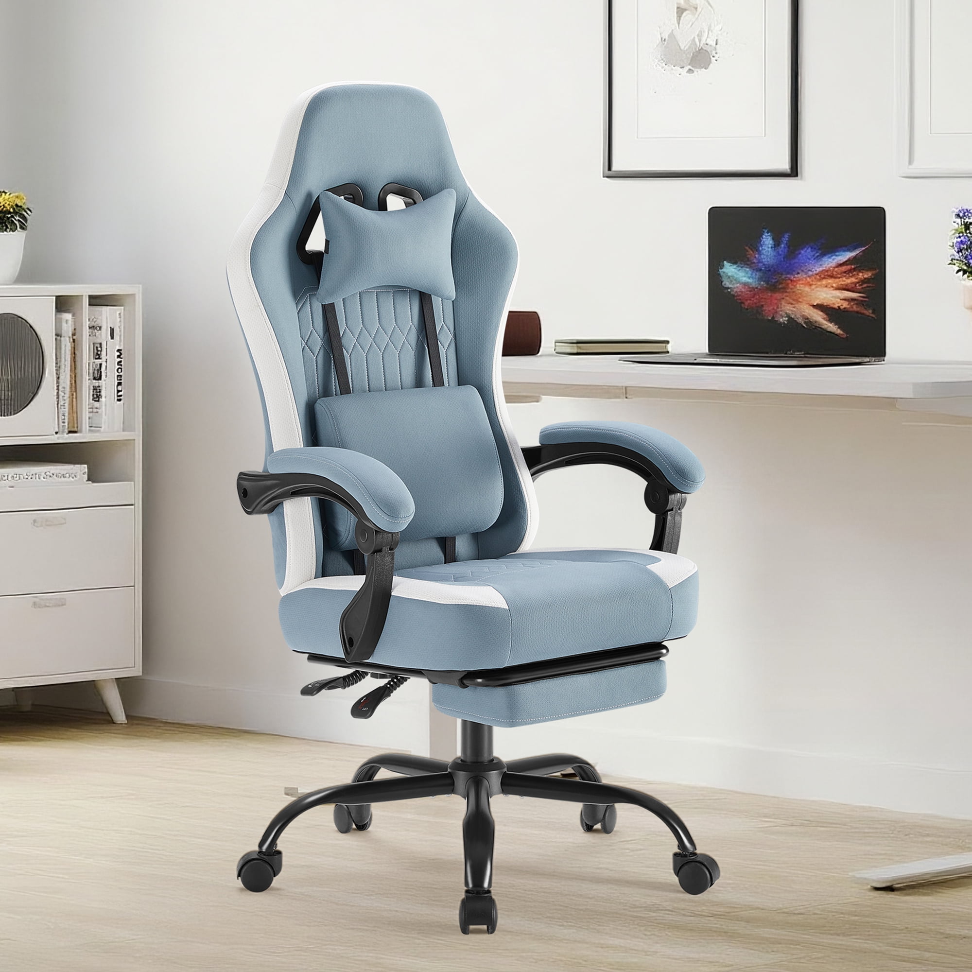 MCQ Computer Gaming Task Chair, High Back Ergonomic with Linkage Armrests, Footrest and Lumbar Support, 360° Swivel Wheels, Blue