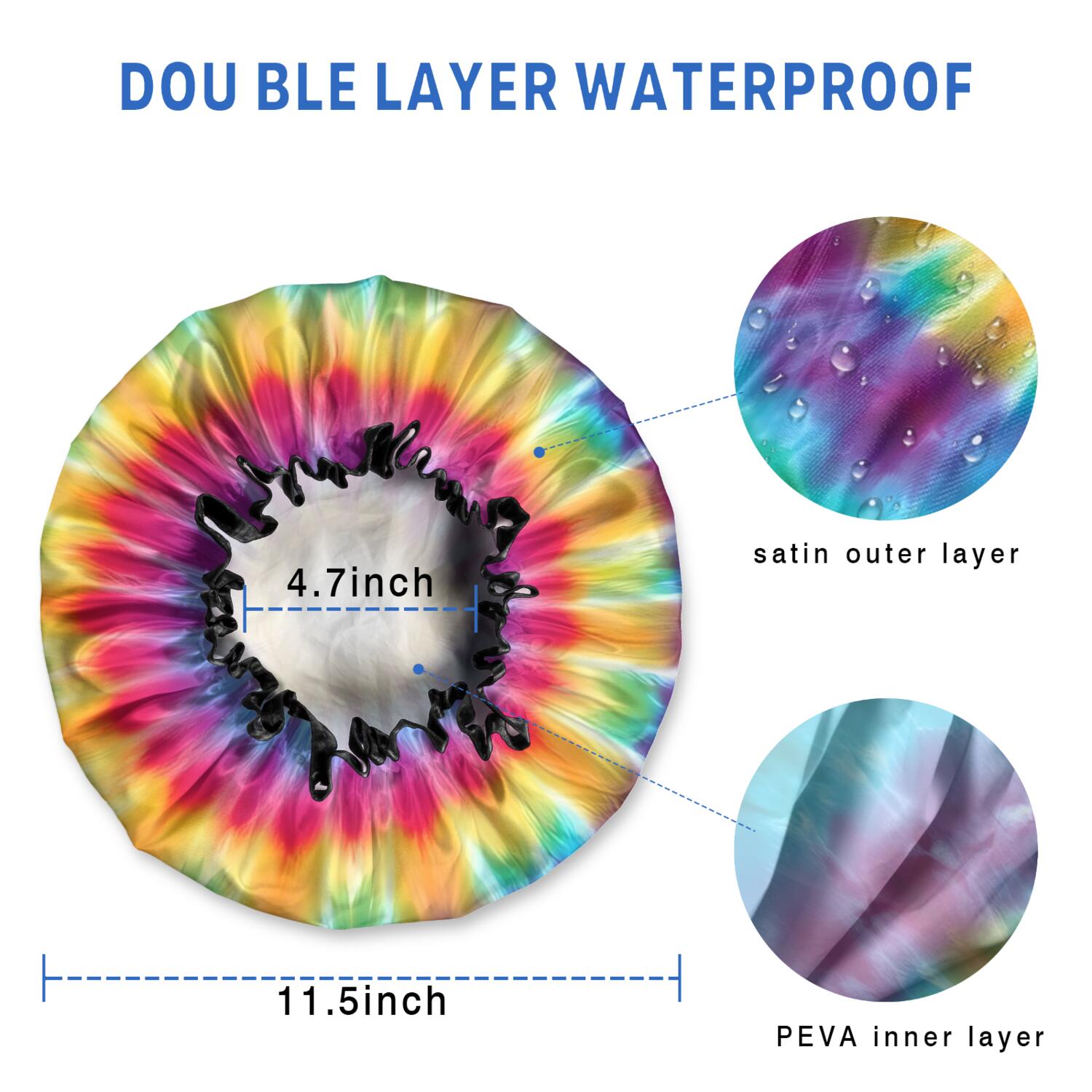 Shower Caps,Rainbow Tie Dye Radial Pattern Waterproof Shower Cap for Women 4 Pieces,Double Reusable Hair Cover for Shower PEVA Elastic Stretch Hem