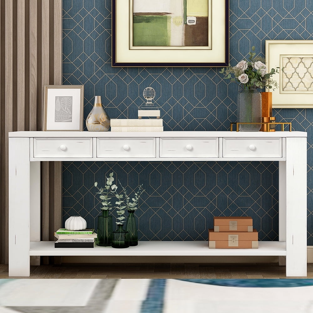 Kepooman Antique Console Table with Storage Drawers and Bottom Shelf, Sofa Table for Entryway Hallway, White Kepooman Antique Console Table with Storage Drawers and Bottom Shelf, Sofa Table for Entryway Hallway, White