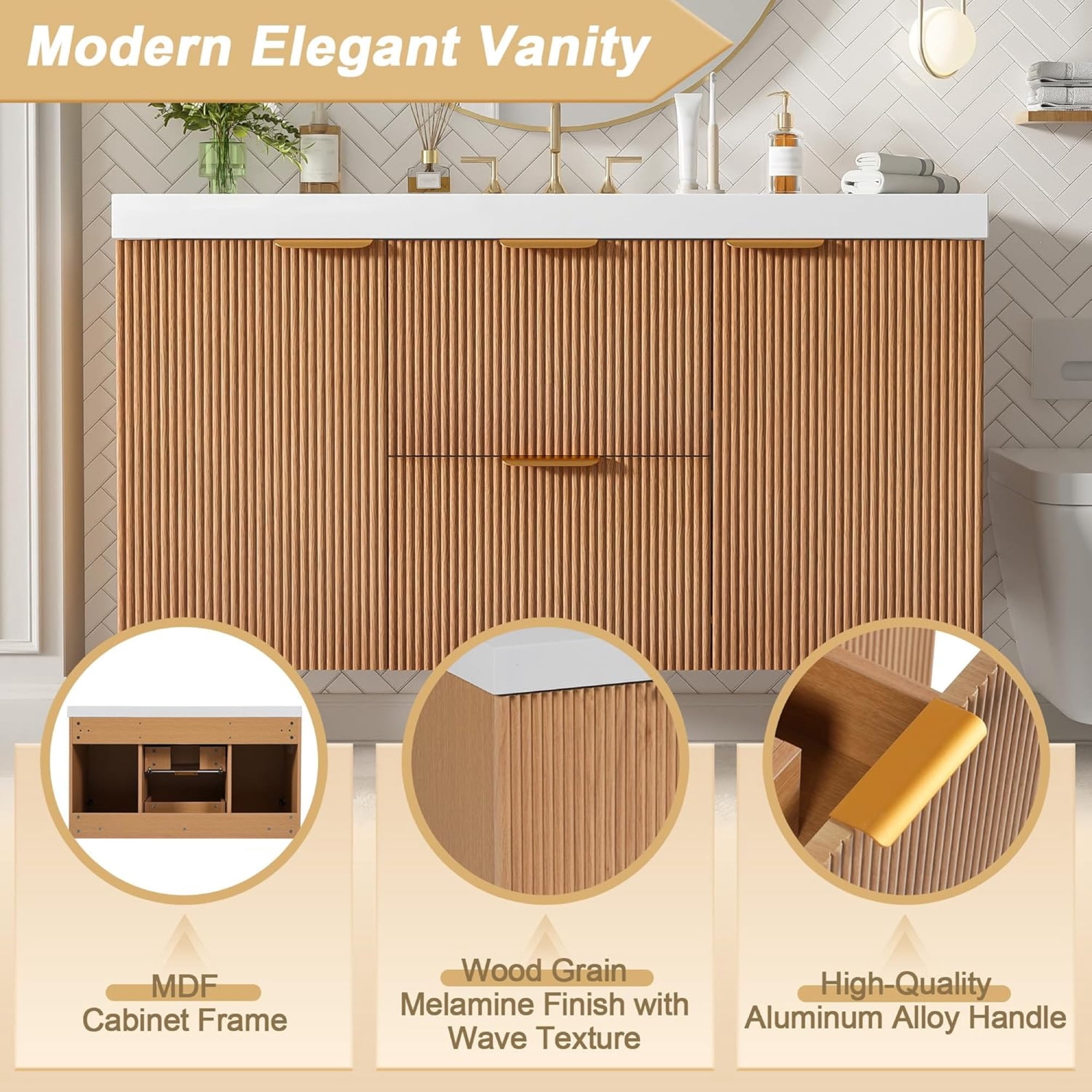 42 inch Bathroom Vanity with Sink Combo, Floating Single Sink Bathroom Vanities with SMC Resin Top, MDF Cabinet with Solid Wood Frame, Wall-Mounted Vanities for Small Bathrooms (42''-Wood)