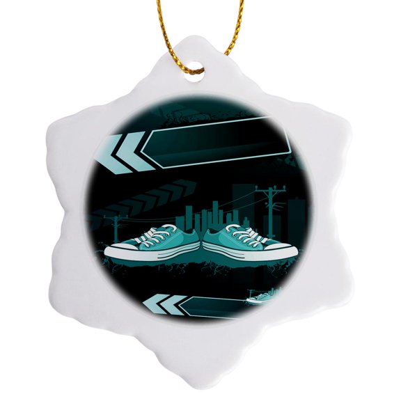 3drose, Two Turquoise Tennis Shoes Against a City Backdrop, 3 inch Snowflake Porcelain Ornament