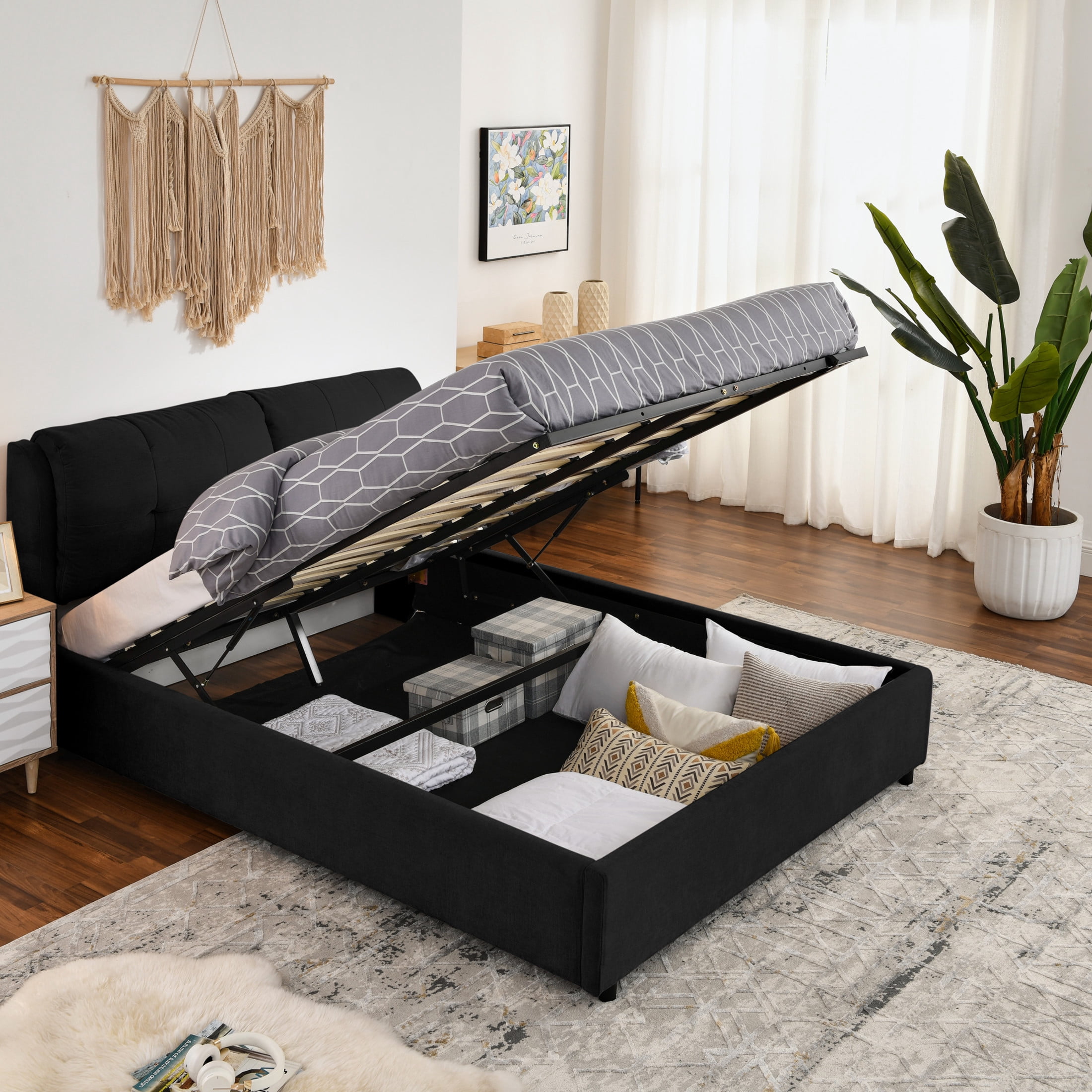 Noble House Gerret Queen Size Chenille Storage Platform Bed, Hydraulic Bed Frame with Hidden Underbed Drawer, Black