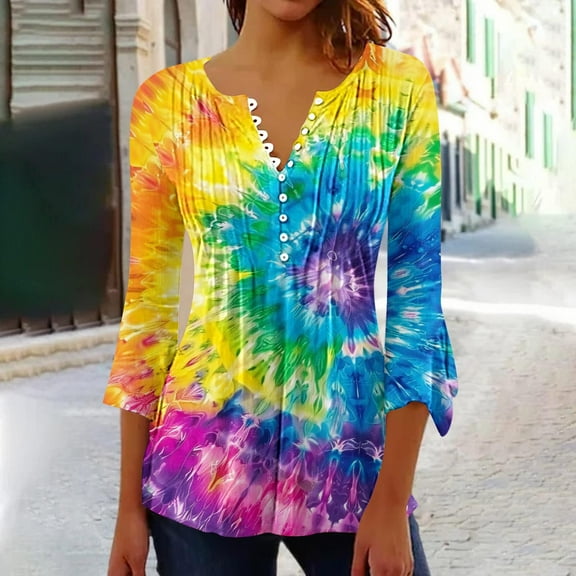 Ayolanni 3/4 Sleeve Plus Size Tops for Women V-Neck Flared Sleeve Tie Dye Blouses Ladies Shirts L