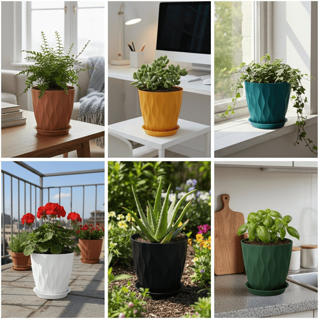 6 Pack 8 Inch Plant Pots , Plastic Flower Pots for Indoor & Outdoor Plants, Planters with Drainage Holes and Saucer(Multicolor)