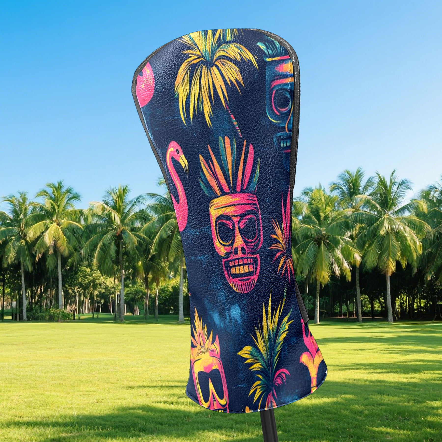 Golf Club Covers, Multicolor Tiki Skulls Premium PU Leather Driver Hybrid Putter Head Covers with Velvet Lining, Waterproof Golf Gifts for Men Women