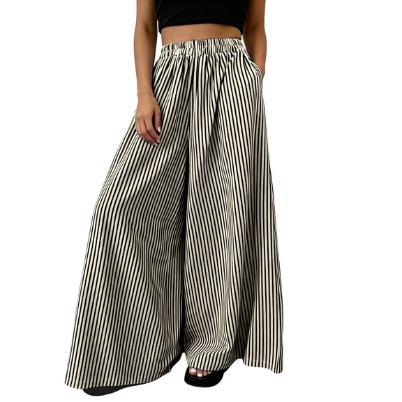 JULMCOMO Palazzo Pants for Women Striped Elastic Waisted Flowy Oversized Wide Leg Pants Full Floor Length Resort Baggy Trousers with Pockets Beige XL