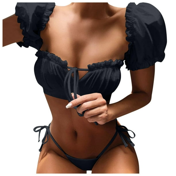Gibobby Conjunto de Bañador Sexy Traje de baño de color sólido con relleno Bikini Conjunto de traje de baño para mujer Ropa de playa Trajes de baño de do(Negro,CH)