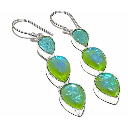 Green Triplet Fire Opal Gemstone .925 Silver Jewelry Earring 2.4" AP-3721[b496]